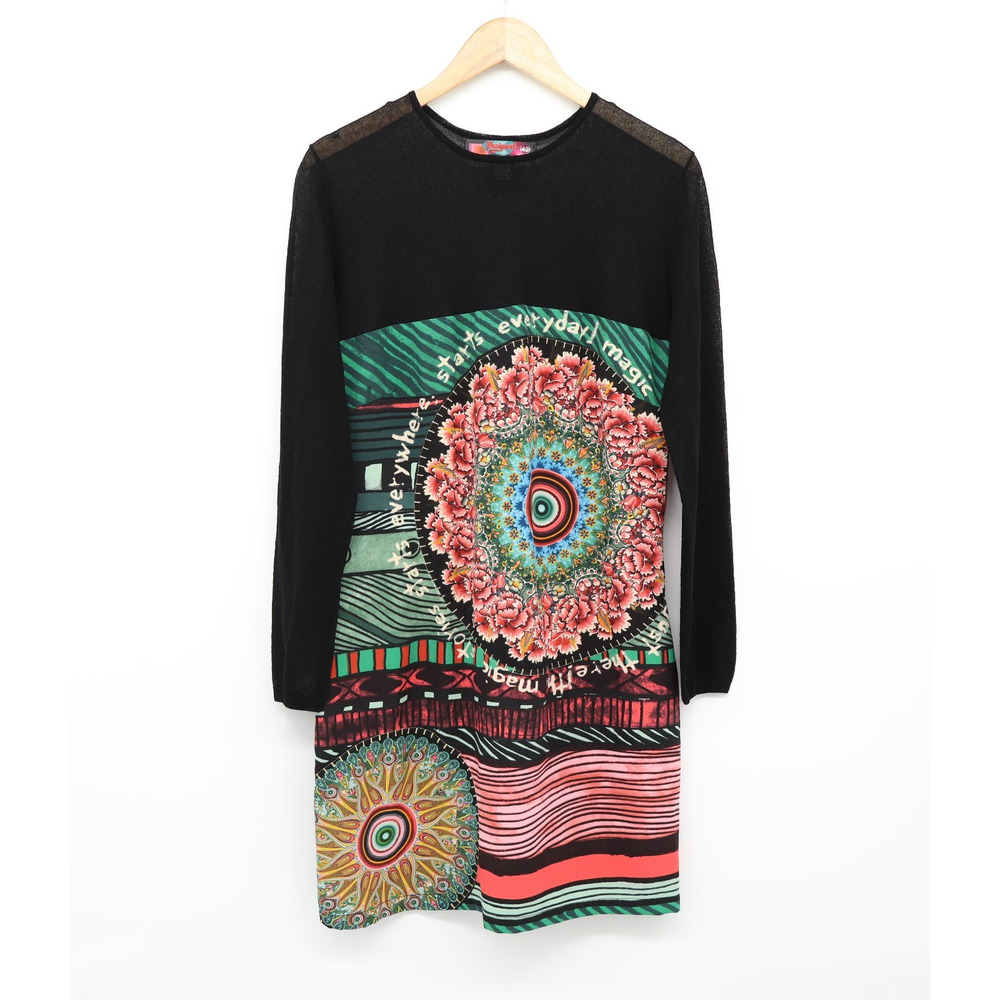 Desigual Women's Medallion Print Sheer Top Dress Black Multi Art Wear Sz 10